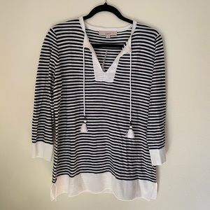 Loft stipe tasseled tie neck tunic sweater M
